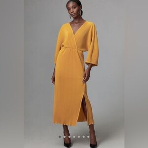 Brand new Anthropologie Plisse V-neck wrap midi dress in mustard/dark yellow